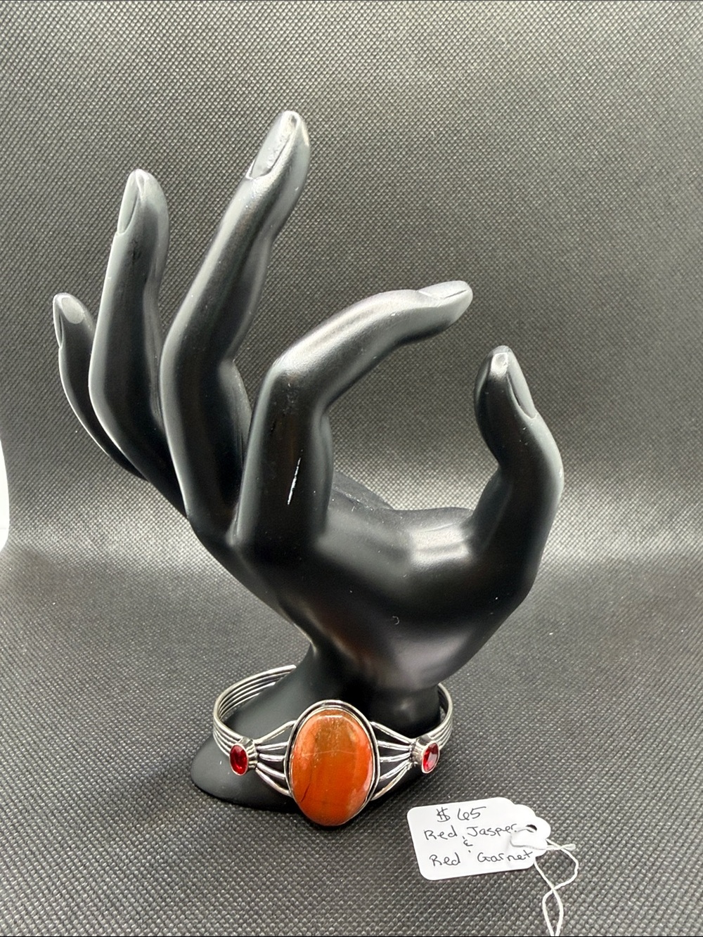 Red Jasper Oval Stone and Red Garnet 925 Silver Cuff Bracelet